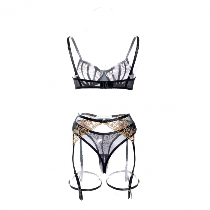 Set lenjerie intimă  3 piese – Negru cu Inserții Aurii [8]