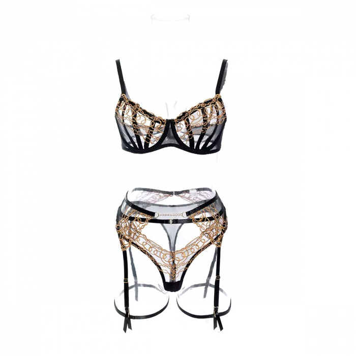 Set lenjerie intimă  3 piese – Negru cu Inserții Aurii [6]