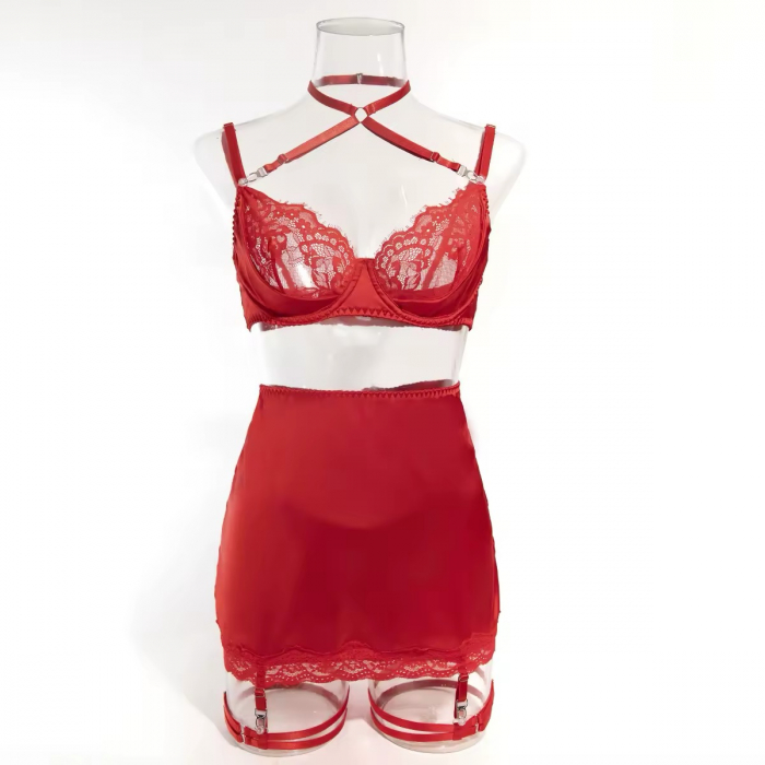 Set lenjerie intimă roșu din satin și dantelă – 5 piese [6]