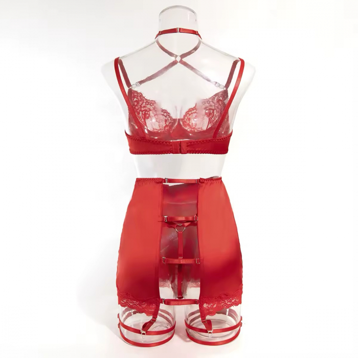 Set lenjerie intimă roșu din satin și dantelă – 5 piese [5]