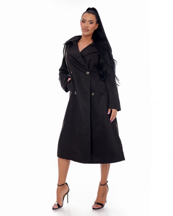Trench lung negru casual cu nasturi si cordon in talie. [4]