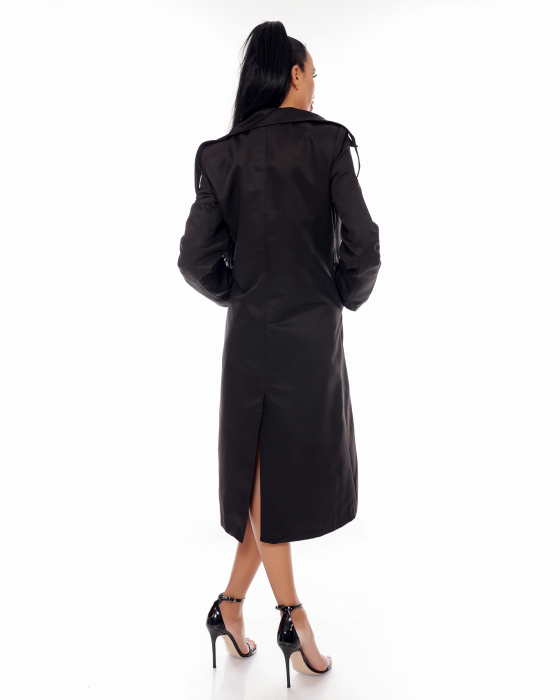 Trench lung negru casual cu nasturi si cordon in talie. [3]