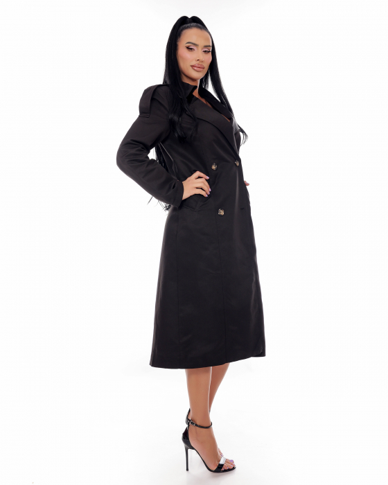 Trench lung negru casual cu nasturi si cordon in talie. [2]