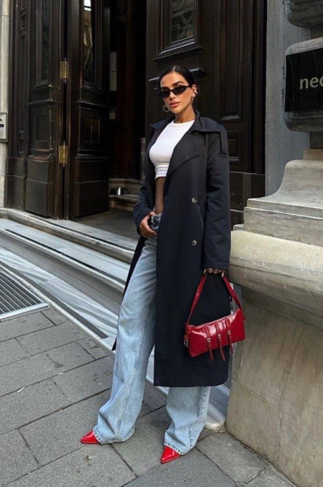 Trench lung negru casual cu nasturi si cordon in talie. [2]