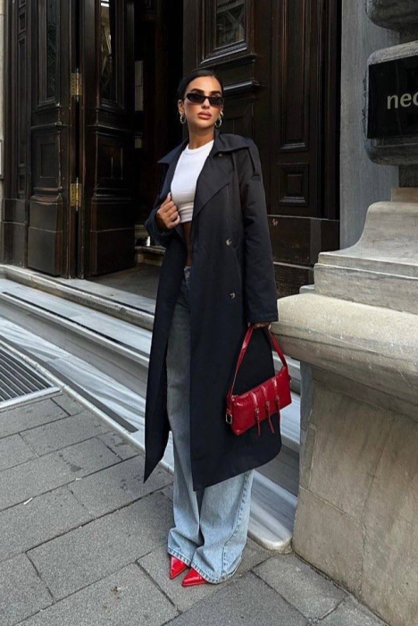 Trench lung negru casual cu nasturi si cordon in talie. [4]