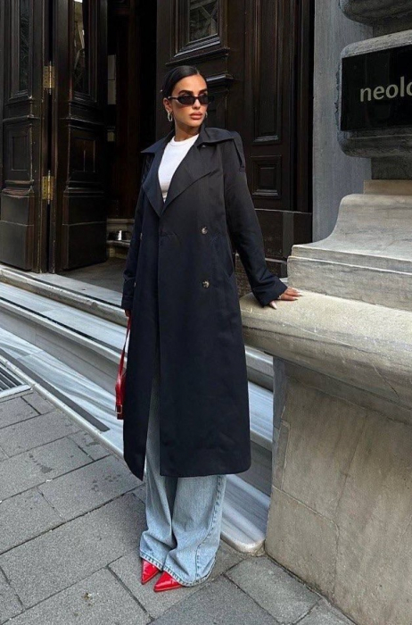 Trench lung negru casual cu nasturi si cordon in talie. [5]