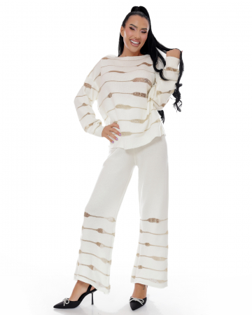 Essence of Spring - Compleu casual alb-bej cu pulover oversize si pantaloni largi