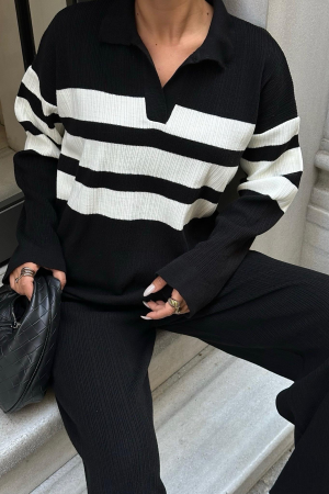Compleu oversize negru din tricot cu dungi albe [3]