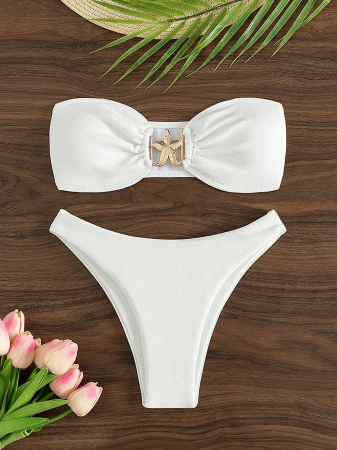 Costum de baie, alb, din 2 piese, cu accesoriu metalic [5]