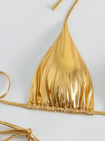 Costum de baie auriu, din 2 piese, cu aspect stralucitor [2]