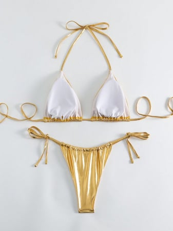 Costum de baie auriu, din 2 piese, cu aspect stralucitor [4]