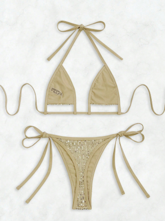 Costum de baie, auriu din 2 piese, cu paiete si slip tanga [3]