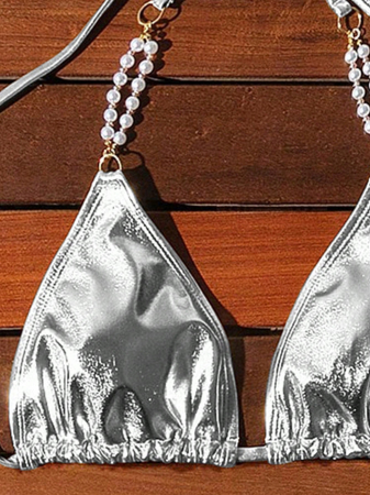 Costum de baie din 2 piese, argintiu, cu accesorii metalice [3]