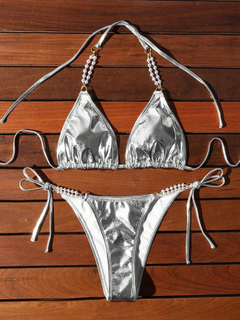 Costum de baie din 2 piese, argintiu, cu accesorii metalice [5]