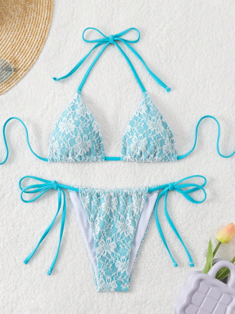 Costum de baie, blue, din 2 piese, cu aspect dantelat [2]
