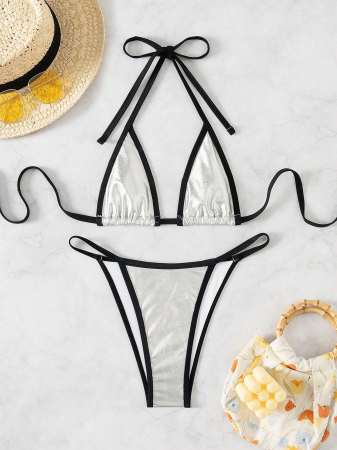 Costum de baie din 2 piese cu aspect metalic, argintiu [3]