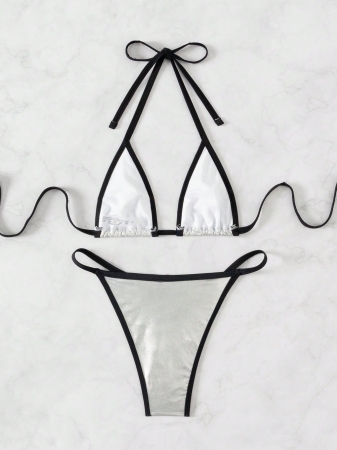 Costum de baie din 2 piese cu aspect metalic, argintiu [2]