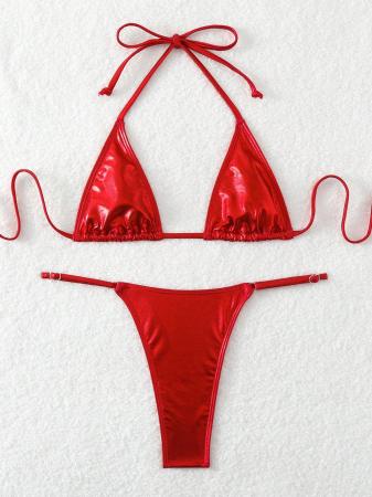 Costum de baie din 2 piese cu aspect metalic, rosu [2]