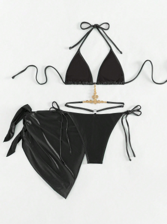 Costum de baie din 2 piese, cu aspect satinat si decupaj [2]