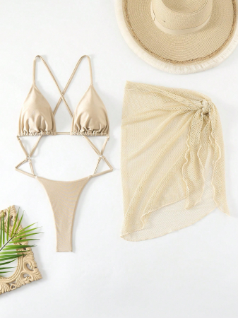 Costum de baie din 2 piese, nude, cu aspect sidefat [4]