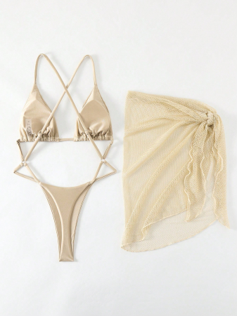 Costum de baie din 2 piese, nude, cu aspect sidefat [5]