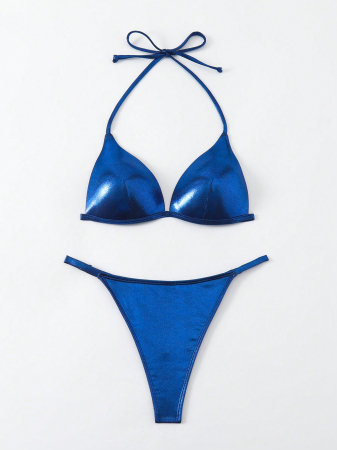 Costum de baie din 2 piese, cu aspect stralucitor si accesorii metalice [4]