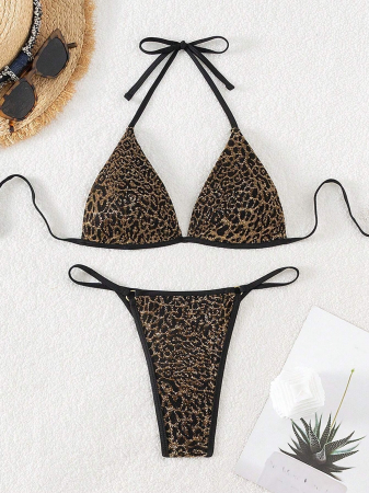 Costum de baie din 2 piese, cu imprimeu animal print si slip tanga [2]