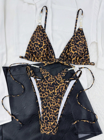 Costum de baie din 2 piese, cu imprimeu animal print si perle [3]