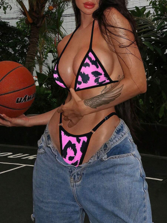 Costum de baie din 2 piese, cu imprimeu animal print si slip tanga [0]