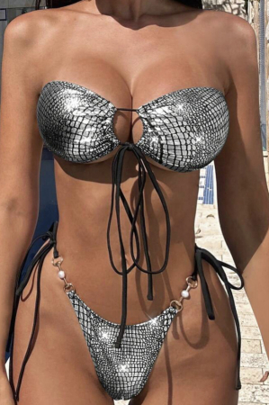 Costum de baie din 2 piese, cu imprimeu si aspect stralucitor [0]