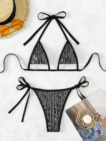Costum de baie din 2 piese, cu paiete si slip tanga [2]