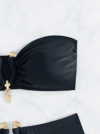 Costum de baie din 2 piese, negru, cu accesorii metalice [6]