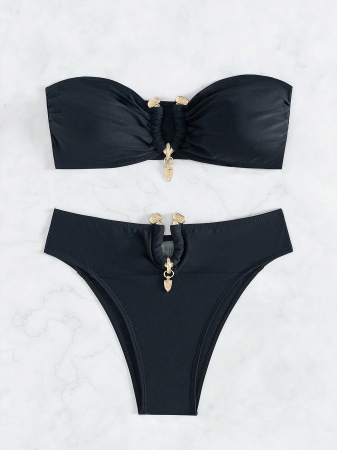 Costum de baie din 2 piese, negru, cu accesorii metalice [5]