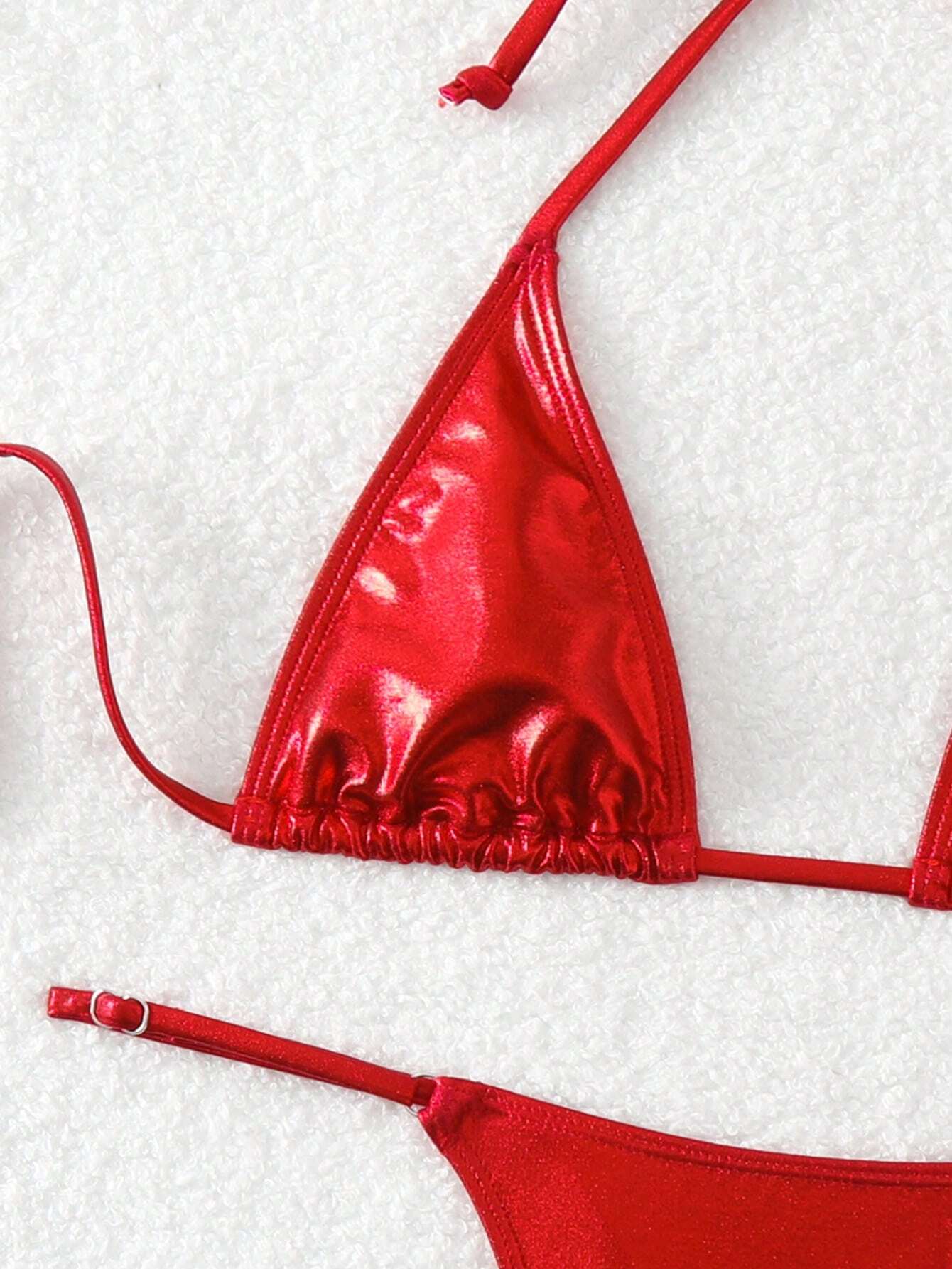 Costum de baie din 2 piese, tanga, rosu cu aspect stralucitor [4]