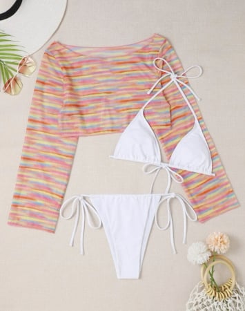 Costum de baie din 3 piese, alb cu top colorat [4]