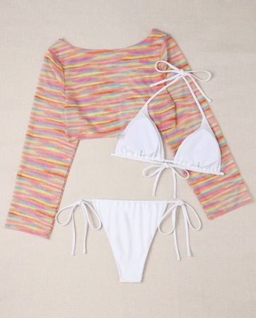 Costum de baie din 3 piese, alb cu top colorat [3]