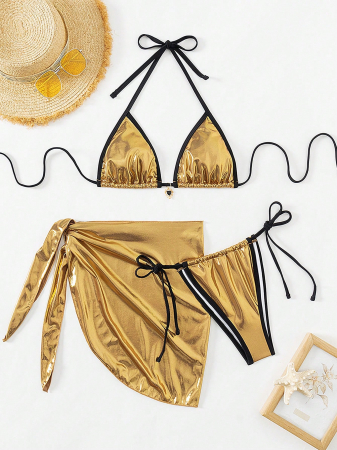 Costum de baie din 3 piese, auriu cu aspect stralucitor [2]
