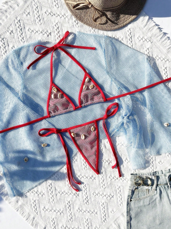 Costum de baie din 3 piese, cu accesorii decorative si slip tanga [4]