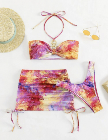 Costum de baie din 3 piese, cu imprimeu si accesoriu metalic [3]