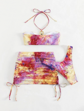 Costum de baie din 3 piese, cu imprimeu si accesoriu metalic [2]