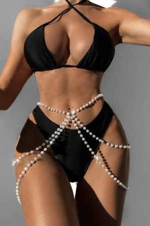 Costum de baie din 3 piese, negru cu accesoriu din perle [0]