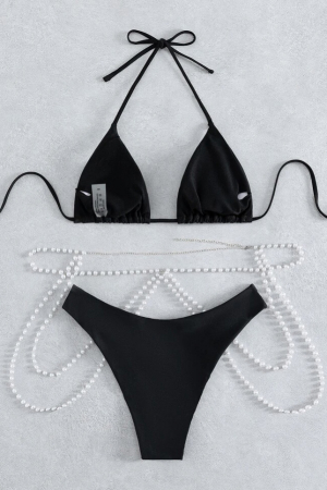 Costum de baie din 3 piese, negru cu accesoriu din perle [2]