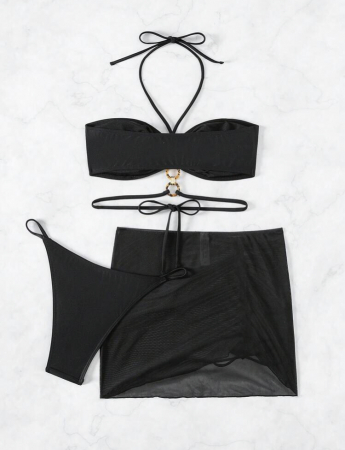 Costum de baie din 3 piese, negru cu accesoriu metalic [4]