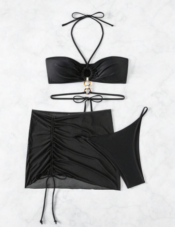 Costum de baie din 3 piese, negru cu accesoriu metalic [3]