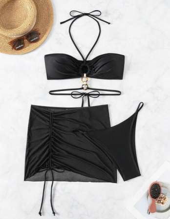 Costum de baie din 3 piese, negru cu accesoriu metalic [2]