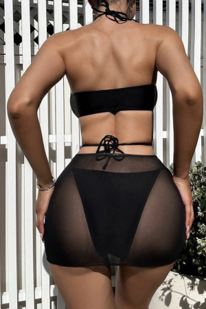 Costum de baie din 3 piese, negru cu accesoriu metalic [1]