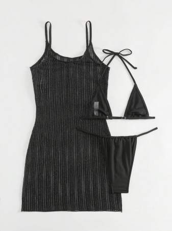 Costum de baie din 3 piese, negru, cu rochie de plaja [3]