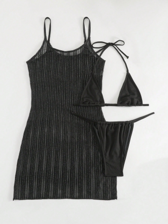 Costum de baie din 3 piese, negru, cu rochie de plaja [4]