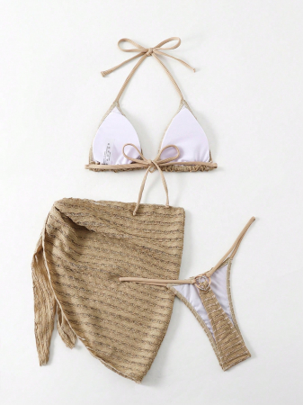 Costum de baie din 3 piese, nude, cu slip tanga [3]