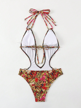 Costum de baie intreg, cu aspect floral si spatele gol [5]